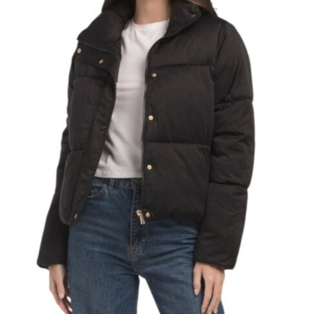 CeCe BLACK & Rhinestone Cropped Puffer Jacket MEDIUM NWT $288 - Picture 2 of 7